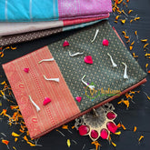 Forest Green with Red Border Silk Saree- Litchi Silk Saree -VS014